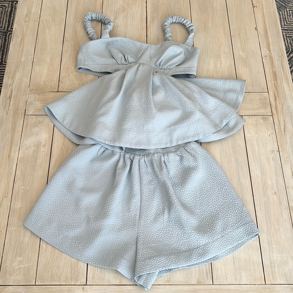 LPA Revolve Sky Blue Textured Two-Piece Set Cutout Tank & Shorts XS/S